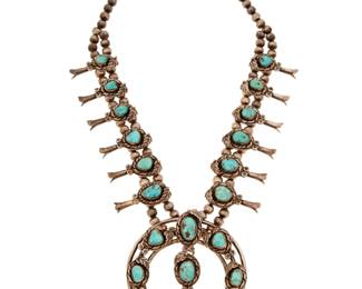 2133 A Southwest sterling silver and turquoise squash blossom necklace Mid/late 20th century Unmarked A chunky necklace with twelve graduated set turquoise blossoms and a matching central naja, each with applied silver feather and twisted wire edge accents, all on a double strand of silver beads 21.5" L x 3.125" H 213.7 grams gross Estimate: $600 - $800