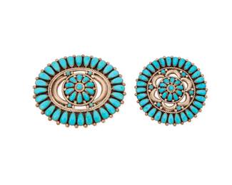 2070 A set of Lorraine Waatsa Zuni sterling silver and turquoise jewelry Lorraine Waatsa (b. 20th century, Zuni Pueblo) Late 20th/21st century Stamped: LW Two works comprising a round concho style sterling silver and cluster set turquoise pendant/brooch, as well as a matching oval cluster set oval concho style belt buckle 2 pieces Pendant: 2.125" Dia.; Buckle: 2.25" H x 2.625" W, belt bar: 1.25" 59.4 grams gross Estimate: $200 - $400