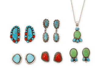 2297 A group of Navajo sterling silver and set stone jewelry Late 20th/21st century Six works: Esther Wood (b. 1946, Diné) A group of Navajo sterling silver and set stone jewelry Each with etched signature or initials verso Five works comprising a set turquoise and variscite pendant on a silver chain, with a pair of matching earrings, together with a pair of Morenci turquoise dangle earrings, and two pairs of single stone earrings, one in turquoise and one coral 9 pieces Pendant: 20" L x 2" H; Earrings: 2.5" H to 1" H Linda Yazzie (b. 20th century, Diné) A pair of Navajo turquoise and coral earrings Each stamped: LY / Sterling Two large cluster set coral and turquoise earrings Each: 1.25" H 11 pieces total 114.7 grams gross Estimate: $200 - $400