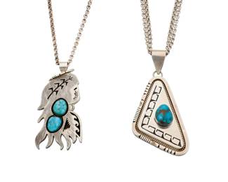 2255 A group of Navajo sterling silver and turquoise necklaces Late 20th/21st century Two works:  Delbert Vandever (b. 20th century, Diné) A Navajo sterling silver overlay and turquoise necklace Stamped for artist: [hat symbol] / Sterling A pendant/brooch in the form of a stylized Longhair katsina figure with shadowbox set turquoise, and corn stalk and geometric motif accents, suspended from a detachable bail on a silver chain 23" L x 3.25" H x 1.625" W  Jonathan Nez (b. 1965, Diné) A Navajo sterling silver and turquoise necklace Etched signature and for sterling silver verso A large triangular pendant with set turquoise with geometric overlay accents, and silver wire and incised edge accents, on a double strand silver chain 23.5" L x 4" H x 1.75" W  2 pieces total 171.2 grams gross Estimate: $500 - $700