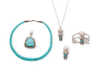 2285 A group of Southwest silver and turquoise jewelry Late 20th century Five works: Esther Wood (b. 1946, Diné) A Navajo sterling silver and turquoise pendant Etched signature verso A large pendant with an oval set slab turquoise stone, possibly Kingman, edged with incised silver 2.75" H x 1.75" W A group of Southwest silver and turquoise jewelry Two stamped for sterling and with broken arrow picto for Broken Arrow Trading Three works comprising a sterling silver three-wire cuff pictorial bracelet with a silver katsina figure with set turquoise accent, together with a matching pendant on a chain and a matching ring 3 pieces Cuff: 6.25" total inner C x 2" H., gap: 0.75"; Pendant: 20" L x 2.25" H; Ring size: 8.25; 2" H A Kewa/Santo Domingo turquoise collar necklace Unmarked; attributed to Joann & John Garcia, Kewa/Santo Domingo Pueblo A single strand of graduated rolled turquoise with silver cone clasp 19.5" L 5 pieces total 151.6 grams gross Estimate: $300 - $500