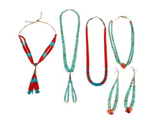 2217 A group of Pueblo turquoise jewelry Mid-20th century Unmarked Five works comprising four necklaces, including two with graduated turquoise disc beads and two with graduated red stone or glass beads, two suspending matching jacla drops with cone terminals, and with one small necklace formed of a pair of turquoise and spiny oyster jaclas with hook clasp, as well as a pair of jacla earrings with silver cone hooks 6 pieces Largest: 21" L x 4" H; Smallest: 18" L; Earrings: 6" H 230.4 grams gross Estimate: $400 - $600