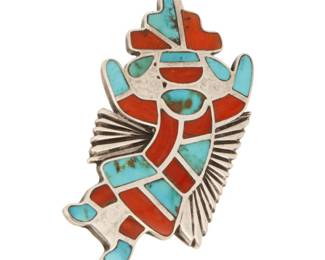 2089 A Zuni Pueblo Rainbow Man sterling silver and multistone inlay brooch Early/mid-20th century Unmarked A heavy ingot silver pictorial brooch with turquoise and coral inlay 1.25" H x 2.375" W 23.1 grams gross Estimate: $300 - $500