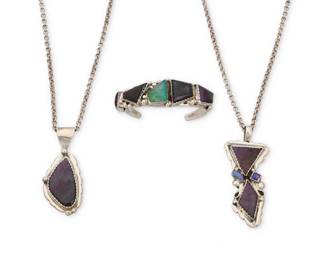 2231 A group of Eric & Carol Fierro Navajo sterling silver and sugilite jewelry Eric and Carol Fierro (b. 20th century, Diné) Late 20th/21st century Each stamped: E & C Fierro / Sterling Three works comprising two sterling silver and set sugilite pendants, one double set and with set opals, each suspended from a chunky silver chain, as well as a sterling cuff bracelet with chunky row set sugilite and chrysoprase, with scattered silver ball accents 3 pieces Pendants: 23" L x 3" H & 21.5" L x 2.625" H; Cuff: 6.125" total inner C x 0.75" H, gap: 1.25" 116.2 grams gross Estimate: $300 - $500
