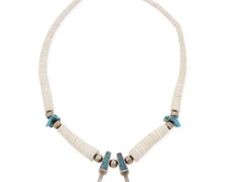 2196 A Southwest style heishi shell and silver 'bear claw' necklace Mid/late 20th century Unmarked A single strand collar necklace of graduated white shell discs alternating with turquoise and silver balls, suspending two silver and turquoise chip mosaic inlay 'bear claws' 18" L x 1.5" H 46.2 grams gross Estimate: $200 - $400