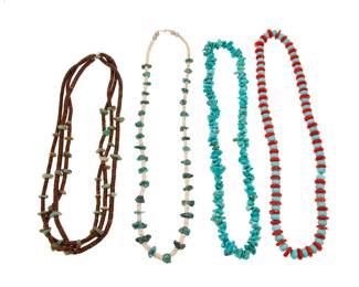 2216 A group of Pueblo style necklaces Mid/late 20th century Unmarked Comprising a single strand of turquoise nuggets (24" L), a single strand of alternating turquoise and coral beads (26" L), a strand of turquoise nuggets and heishi shell beads (29" L), and a triple strand of brown wood beads and turquoise (24" L) 4 pieces 486.6 grams gross Estimate: $200 - $400