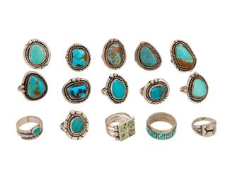 2298 A large group of Southwest silver and turquoise rings Mid/late 20th century Unmarked Fifteen turquoise rings in various styles and sizes including bezel set with rope wire edging, mosaic chipped inlay, a snake motif ring, and a silver overlay pictorial antelope ring 15 pieces Ring sizes: 9.25 to 4.5 107.7 grams gross Estimate: $400 - $600