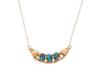 2035 A George & Nusie Henry Navajo turquoise and 14K gold necklace George and Nusie Henry (both b. 20th century, Diné) Late 20th century Etched verso: G.N.H; further stamped: 14K A delicate necklace with three Bisbee turquoise cabochons flanked by foliate corners, all suspended on a fine gold chain 17.5" L x 0.375" H 3.2 grams gross Estimate: $800 - $1,200
