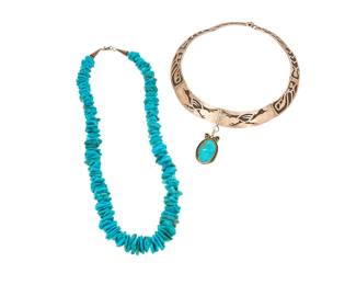2224 Two Southwest style necklaces Late 20th century Each unmarked Comprising an articulated sterling silver collar necklace with silver overlay roadrunner and other pictorial motifs suspending a detachable turquoise drop pendant, as well as a single strand necklace of graduated nugget turquoise with a silver cone hook clasp 2 pieces Collar: 15" inner C x 2.5" H; Strand: 22" L 206.4 grams gross Estimate: $200 - $400