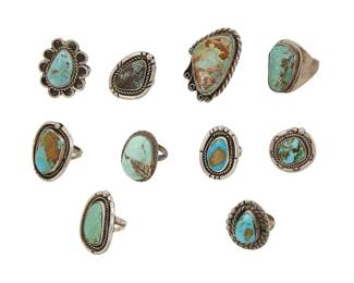 2293 A group of Southwest silver and turquoise rings Mid/late 20th century Unmarked Ten turquoise rings in various styles and sizes including bezel set with rope wire edging, some with applied wire scalloped and scrolled edging, and one with applied silver feather accent 10 pieces Ring sizes: 11.5 to 4 119.0 grams gross Estimate: $500 - $700