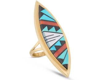 2036 A Tim Bedah Sr. Navajo 14K gold and multistone inlay ring Tim Bedah, Sr. (b. 1945, Diné) Late 20th century Stamped: Tim Bedah [script] / 14K A delicate tapered oval ring with turquoise, coral, and mother of pearl raised mosaic geometric inlay Ring size: 7.25 8.0 grams gross Estimate: $400 - $600