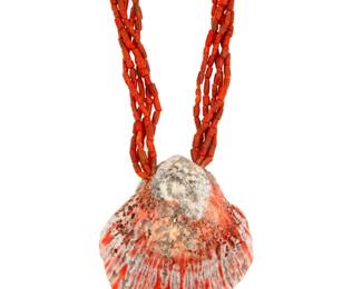 2163 A Kewa/Santo Domingo Pueblo style multistrand coral necklace Mid/late 20th century Unmarked A five-strand coral necklace suspending a large spondylus shell pendant, with a traditional wrapped neck cord 31" L x 3.75" H 160.2 grams gross Estimate: $400 - $600