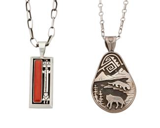 2198 Two Southwest silver necklaces Late 20th/21st century Two works: Fritson Toledo, (b. 1961, Diné) Stamped: Toledo / Sterling A Navajo sculptural teardrop pendant in sterling silver overlay, featuring a wolf and a mountain lion in a mountain lakeside landscape, suspended from a sterling silver chain, 2 pieces 23.5" L x 3.125" H A Hopi-style sterling silver overlay two-sided pendant Unmarked With a standing Yei figure and set coral to one side, and a hummingbird motif on the reverse, suspended from a handmade sterling silver chain, 2 pieces 24.5" L x 2.75" H 4 pieces total 113.6 grams gross Estimate: $300 - $500