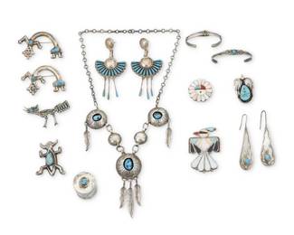 2288 A large group of Southwest silver jewelry Mid/late 20th century Variously marked: WS. [for Wilbert Secatero, Diné] / FJ [conjoined, for Francis Jones, b. 1943, Diné] Thirteen works in silver, set turquoise, and multistone inlay in various styles, comprising a chain link necklace of shadowbox set turquoise links with feather dangles, five brooches including a Francis Jones Navajo figural silver and turquoise brooch, two Rainbow Guardian cast silver brooches, and a Zuni-style stone inlay thunderbird brooch, as well as a Zuni-style Sunface inlay ring, a Wilbert Secatero Navajo turquoise pendant with applied feather accents, two small silver child's cuffs with set turquoise, two pairs of earrings, one with needlepoint turquoise, and a stamped silver cylindrical lidded box 15 pieces Necklace: 17.5" Lx 3" H; Brooches: 2" H to 1.25" H; Earrings: 3" H & 2.5" H; Pendant: ;1.5" H; Ring size: 4.75; Box: 1.25" H x 0.875" Dia.; Cuffs: 4.5" inner C 138.7 grams gross Estimate: $300 - $500