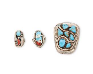 2220 A group of Southwest sterling silver and stone set jewelry Late 20th/21st century Three works: Effie Calavaza (1927-2019, Zuni Pueblo) A Zuni sterling silver and turquoise bolo Stamped: Effie C. / Zuni Comprising a trapezoidal sterling silver and turquoise serpent bolo with set nugget turquoise and an applied silver serpent 2.75" H x 2.125" W Gilbert Calavaza (b. 20th century, Zuni Pueblo) A Zuni sterling silver and set stone ring Stamped: G. Calavaza / Zuni An oval ring with set turquoise and coral, with applied silver serpents Ring size: 11.25 Henry Mariano (b. 20th century, Diné) A Navajo sterling silver and set stone ring Stamped: HM An oval ring with set turquoise and coral, with applied silver feather and ball accents Ring size: 8 3 pieces total 121.4 grams gross Estimate: $400 - $600