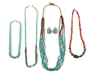 2175 A group of Pueblo style necklaces Mid/late 20th century Unmarked Six works comprising a chunky graduated rolled turquoise necklace (20.5" L), and a coral, turquoise, and greenstone single strand necklace with red trade beads (25" L), as well as a five-strand turquoise and heishi shell necklace (35" L), a single strand fine turquoise and shell heishi necklace, the lower half comprising four strands of a pair of jaclas (32" L), and a pair of turquoise tab earrings (1.375" H) 6 pieces 236.1 grams gross Estimate: $700 - $900