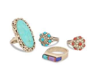 2284 A group of Southwest silver and stone set rings Late 20th century Four works:  Lee and Mary Weebothee (1927-2015, and 1934-1995, Zuni Pueblo) A Zuni sterling silver and set turquoise ring Stamped: Lee/Mary / Zuni With a large oval turquoise stone and freeform silver edging Ring size: 8  Three sterling silver and set stone rings Each variously marked: D W [script] / [fish picto with partial J] Comprising two cluster set domed rings, one with turquoise and one with coral, as well as a John Shopteese (d. 2014, Pottawatomi) modernist style sterling silver ring with sculptural multistone inlay including turquoise, 3 pieces Ring sizes: 6.5 & 7  4 pieces total 32.4 grams gross Estimate: $200 - $300