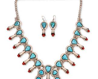 2136 A set of Teddy Goodluck, Jr. Navajo silver and squash blossom jewelry Teddy Goodluck, Jr. (b. 1956, Diné) Late 20th/21st century Stamped: TG [within clover] / [crown symbol] Comprising a double strand necklace with twelve shadow set turquoise and coral blossoms, suspending a two-wire graduated set stone naja with central blossom, together with a pair of matching blossom earrings 3 pieces Necklace: 24.5" L x 2.375" H; Earrings: 2" H 140 grams gross Estimate: $800 - $1,200