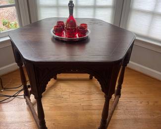 Antique Carved Oak Hexagon Table - $200
