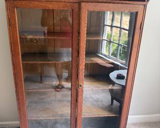 Vintage Antique Oak Double Door Bookcase W Ornate Applied & Carved Details- $750
