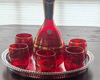 Vintage Ferro & Lazzarini Italian Murano Glass Red Gold Decanter 6 Glasses Set-$40