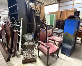 Bed frames, antique scales, church furniture