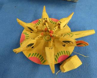 Lot 49. Vintage Pecking chicken paddle, not all chicks peck, and a box of thread