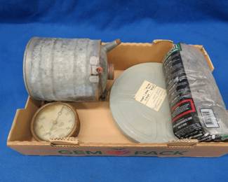Lot 32. Vintage Crane Ordway 0-200 psi gauge, fuel can, film reels, and more