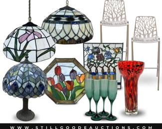 Stained glass, Cantoni Italian leather sectional, trinket boxes, recliners, Towle crystal, and much more!