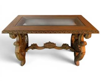 Intricate Wooden Entryway Table w Glass Top