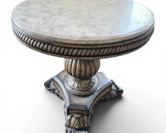 Ornate Round Pedestal Side Table w Marble Top