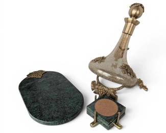 Italian Decanter w Brass Grape Details, Green Marble Tray, Coasters