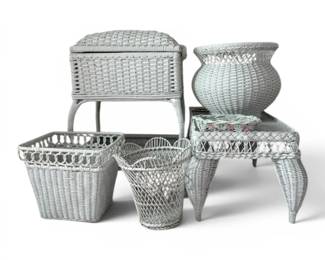 Vintage Wicker Sewing Basket, Wicker Jardiniere, Wicker Wastebasket More