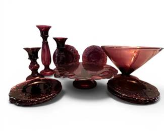 Amethyst Embossed Cake Stand, Side Plates, Compote Dish, Candlesticks
