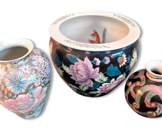 Chinoiserie Fish Bowl Planter Floral Pottery Vases