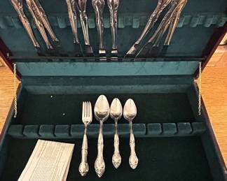 Lot #28 Silver Plate Flatware Set Baroque Scroll Pattern w/ Wood Chest 40+ Pcs