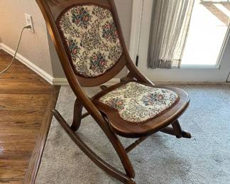 Lot #3 Antique Victorian Folding Rocking Chair Walnut Carved Crest Floral Tapestry c1880