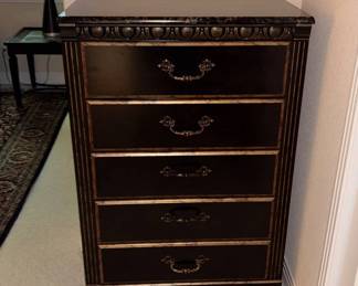 Lot #34 Black Gold 5-Drawer Chest Dresser Faux Marble Top Baroque Style