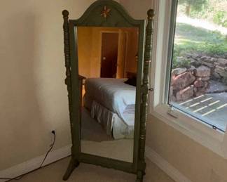 Lot #33 Vintage Green Painted Wood Cheval Floor Mirror Gold Star Accent Turned Posts