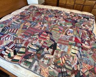 Lot #21 Antique Handmade Crazy Patchwork Quilt Cotton Wool Plaid Tied Pink Yarn c1900
