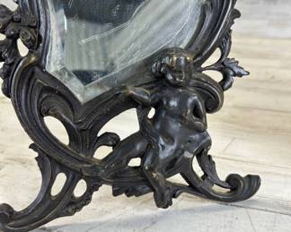 Lot #115 Pair Antique Rococo Cast Metal Cherub Putti Beveled Vanity Mirrors c1900