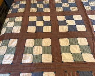 Lot #20 Antique Nine Patch Tied Comforter Quilt Cotton Wool c1900-1930 Full Size