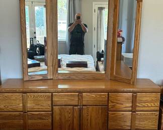 Lot #27 Solid Oak Bedroom Set: Triple Mirror Dresser, 8-Drawer Tall Boy & Nightstands