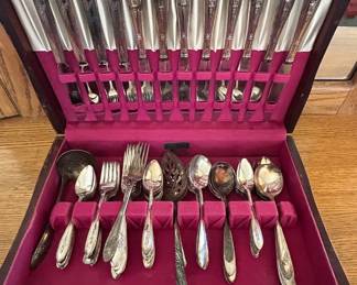 Lot #29 Rogers Silverplate Flatware Set 60+ Pc Floral Pattern Wood Chest 1950s