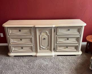 Lot #37 French Provincial Whitewash Triple Dresser 9 Drawer Center Door Credenza