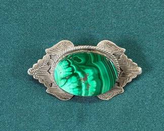 Lot #63 Vintage Southwestern Sterling Silver Malachite Oval Cabochon Brooch Pin c1960s
