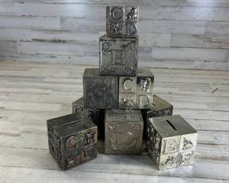 Lot #113 Silver-Tone Metal ABC Alphabet Block Coin Banks Lot of 7 Embossed Animals