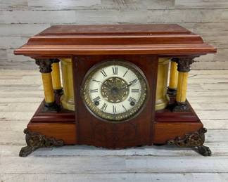 Lot #102 Antique Victorian Mantel Clock Wood Case Faux Marble Columns Brass Bezel 1890s