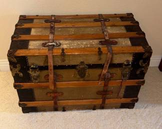 Lot #32 Antique Victorian Steamer Trunk Flat Top Wood Slat Canvas Brass Hardware 1880s