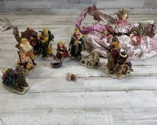 Lot #107 Vintage Resin Nativity Set 12+ Pc Wise Men Shepherds Angel Figurines Christmas